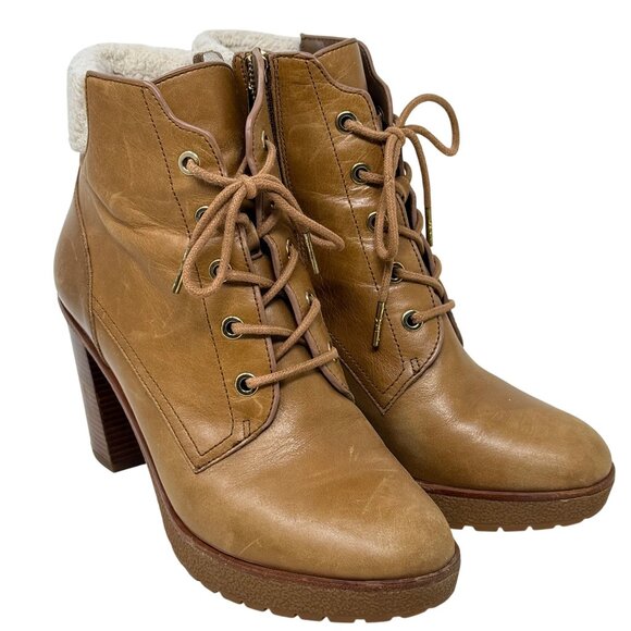 Michael Kors Women Kim Tan Ankle Boots 8M Leather Faux Sherpa Fur Utility Gorp - Picture 2 of 11